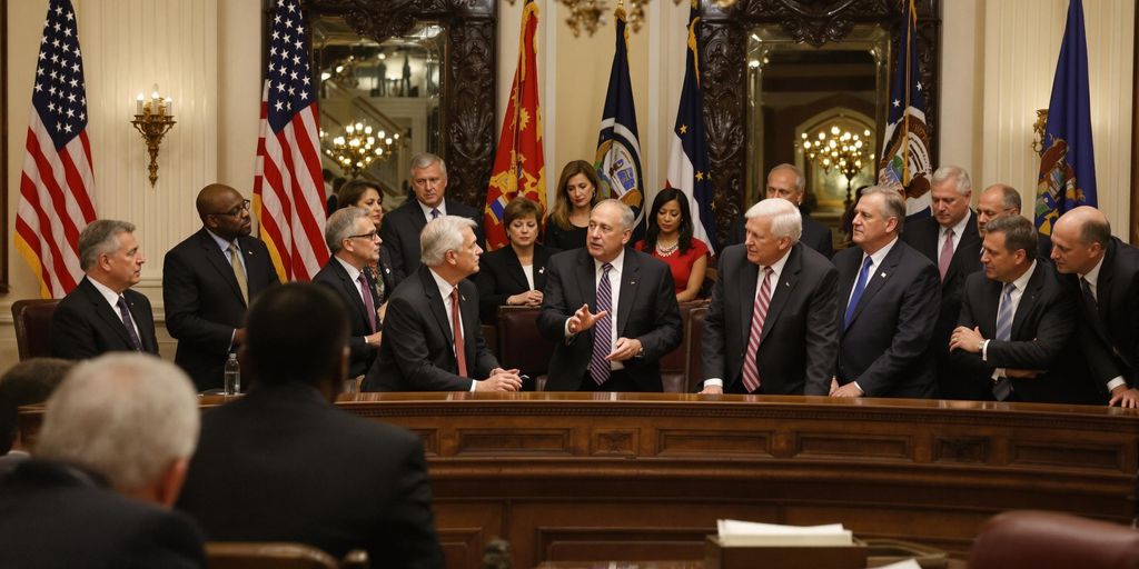 Grupo de políticos discutindo no Senado. Comissões do Senado: Novas Lideranças