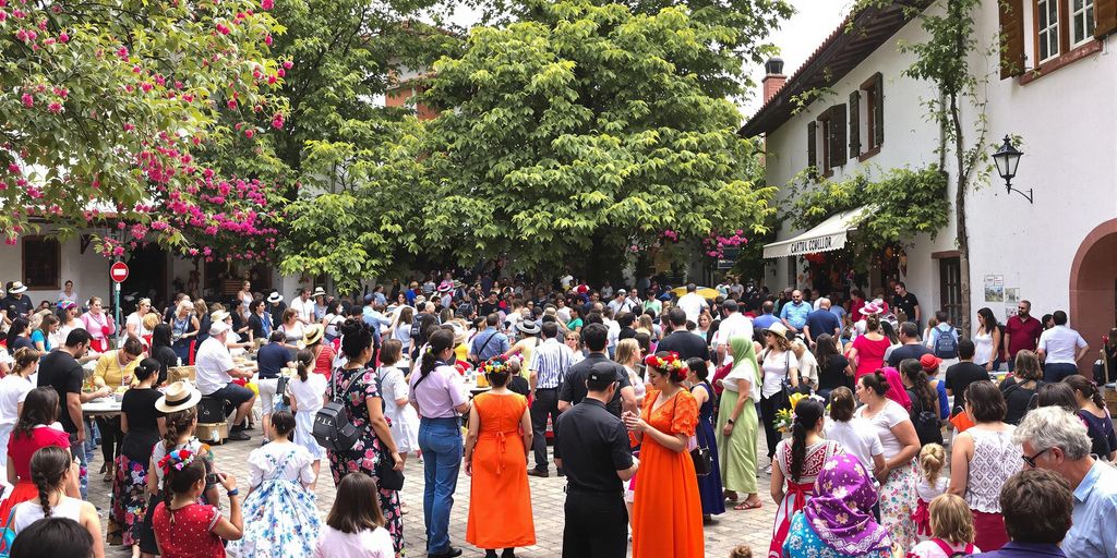 Membros da comunidade em trajes tradicionais celebrando a cultura local.