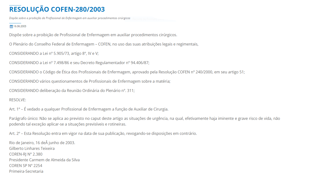 Documento do Coren-ES destacando a Resolução COFEN nº 280/2003, que regulamenta a atuação de técnicos de enfermagem.