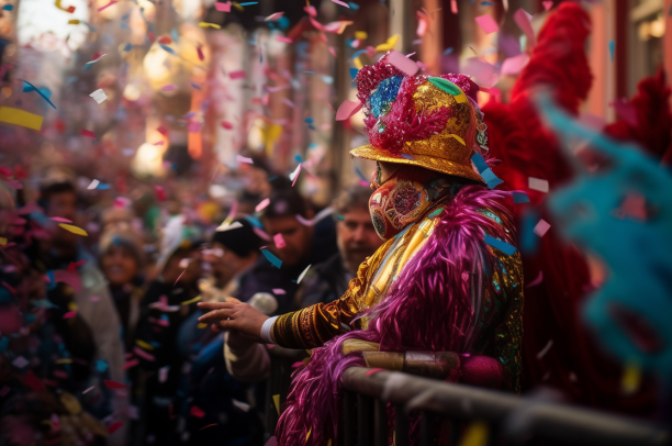 Foliões celebrando o Bloco com 'Xou da Xuxa' em Santa Teresa, fantasiados e imersos na nostalgia do carnaval.