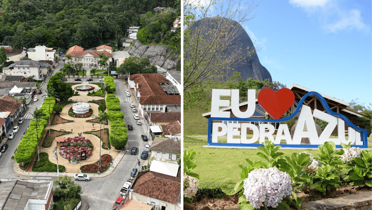 Foto da Pedra Azul com suas cores características. Imagem Secundária: Vista do centro histórico de Santa Teresa, destacando a arquitetura italiana.