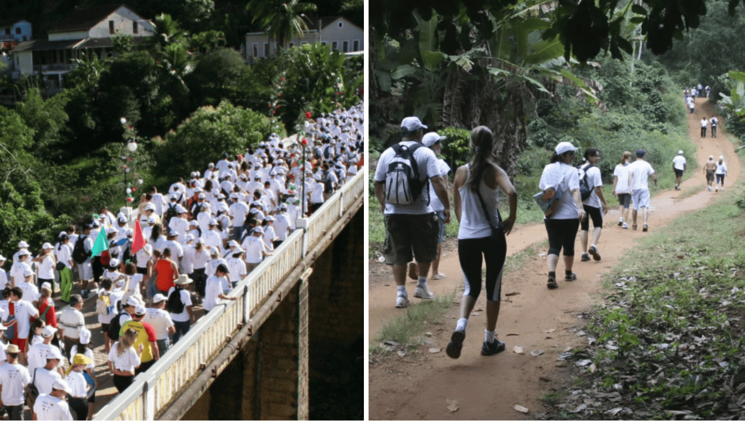 Grupo de caminhantes atravessando ponte histórica cercada por Mata Atlântica durante o Caminho do Imigrante.