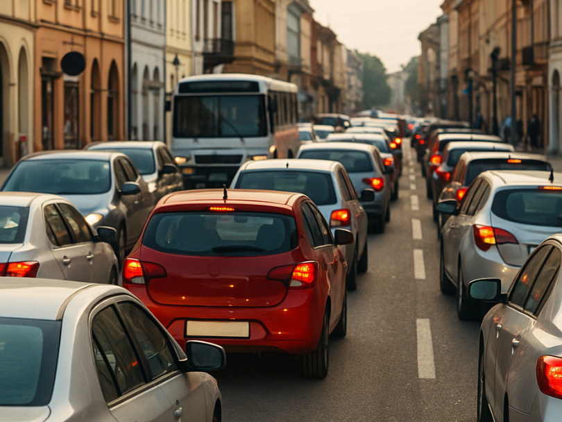 Carros em engarrafamento no centro de uma cidade do interior, refletindo o impacto do trânsito na saúde mental.